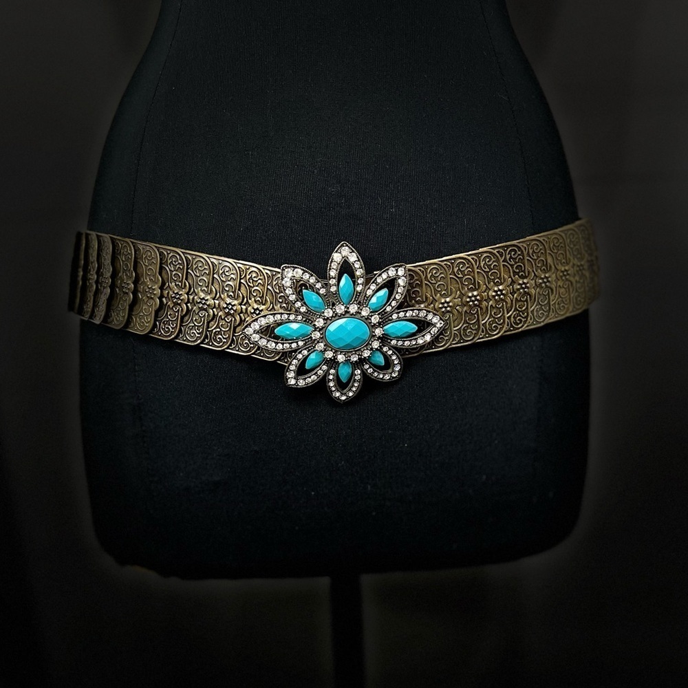 VINTAGE Engraved Metal Belt Turquoise Gemstone Buckle Western Bohemian Elastic​
